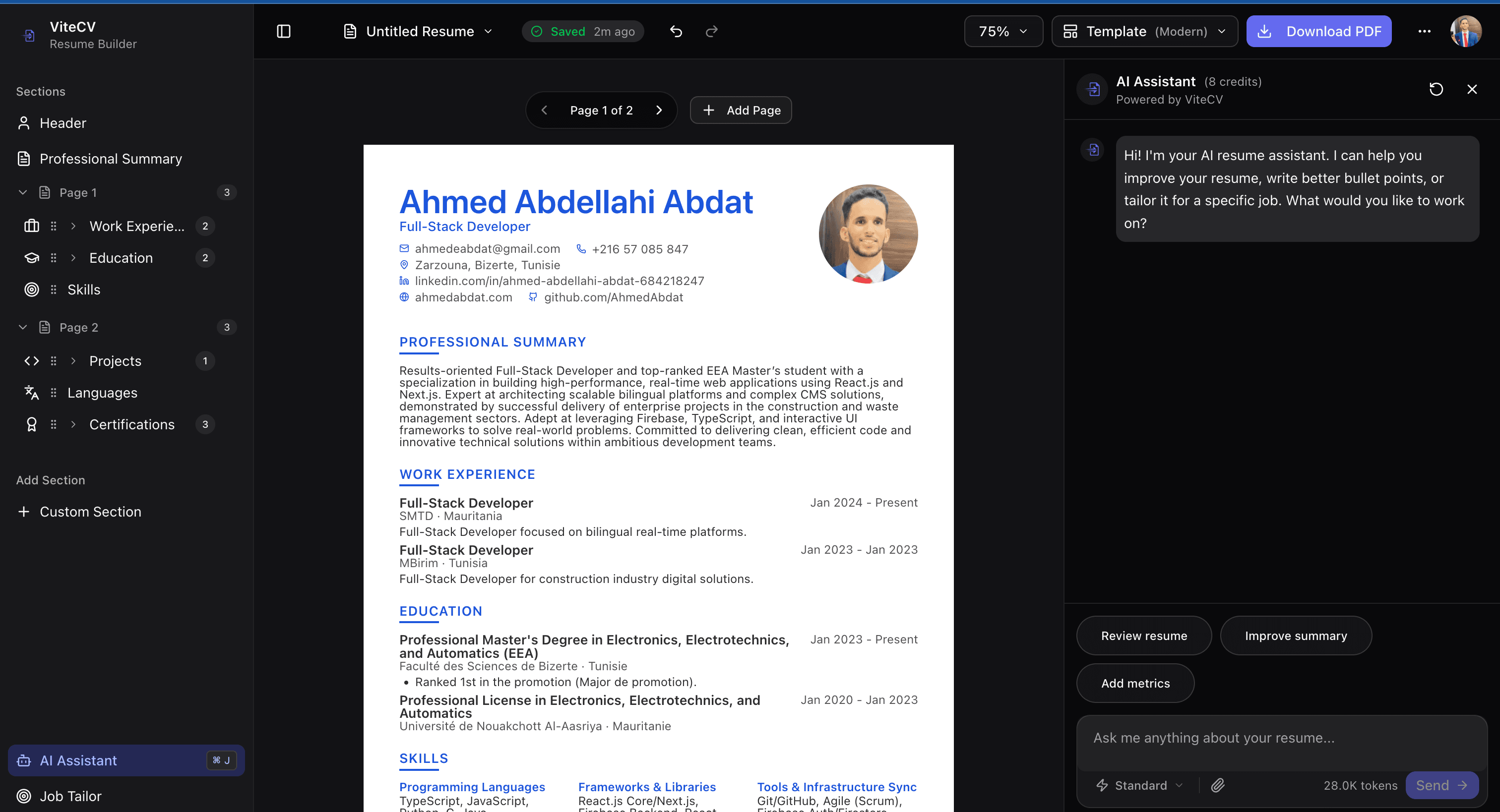ViteCV Resume Builder Interface