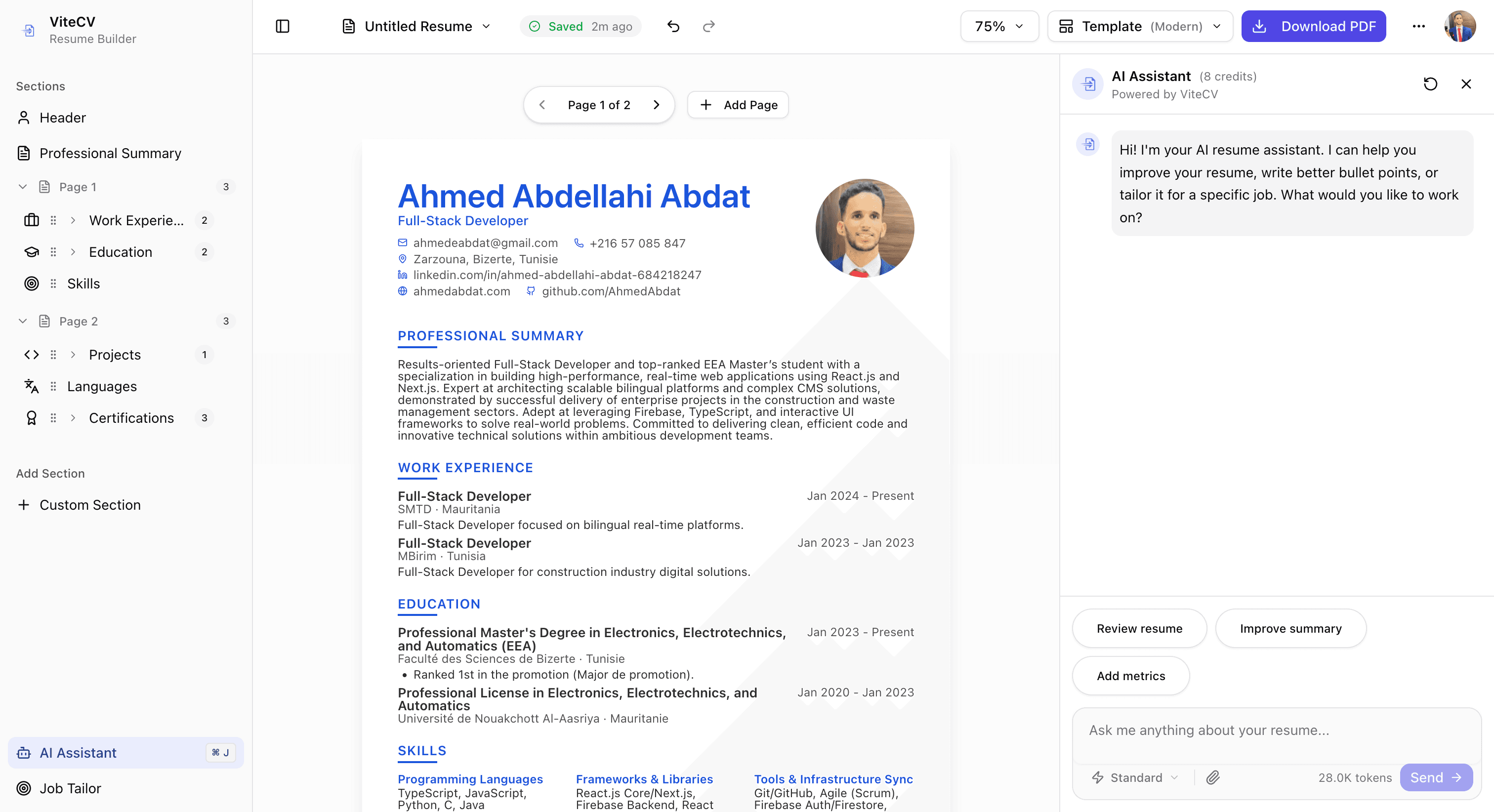 ViteCV Resume Builder Interface